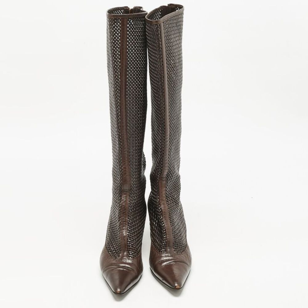 Bottega Veneta Dark Brown Woven Leather Zipped Knee Length Boots Size 39.5 - Picture 3 of 7